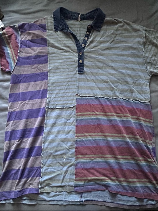 Free People Dresses & Skirts - Patchwork Striped Short-Sleeve Polo Shirt - Purple & Light Blue